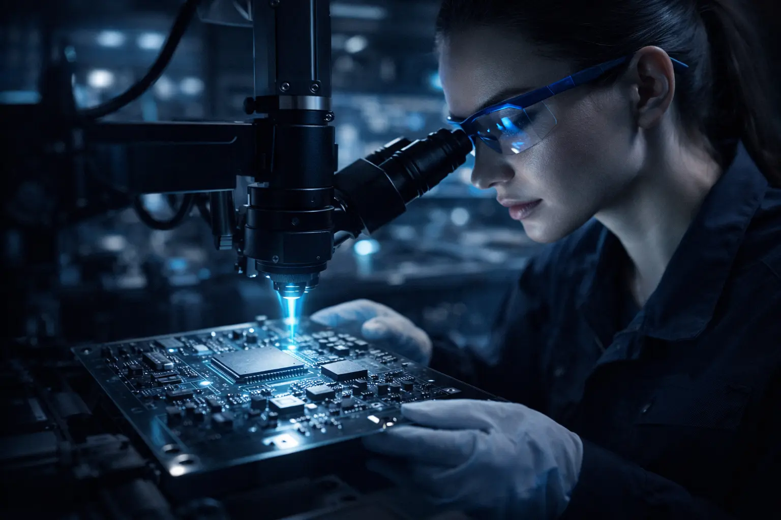 Präzisionsfertigung elektronischer Baugruppen unter dem Mikroskop
